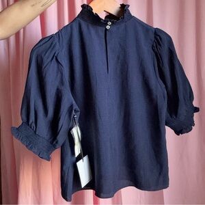 1State High Collared Dark Blue Blouse with Ruffle Trim | Small